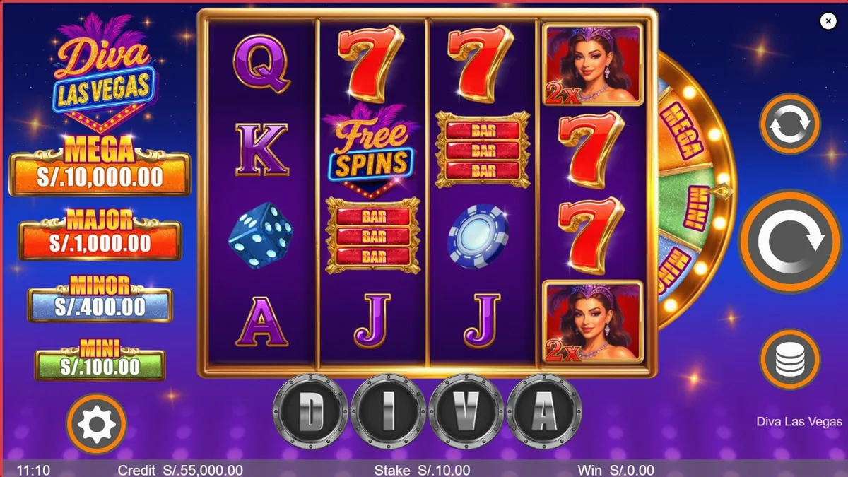 Tampilan layar permainan slot Diva Las Vegas di perangkat seluler, menonjolkan grafis glamor dan kontrol yang mudah diakses.