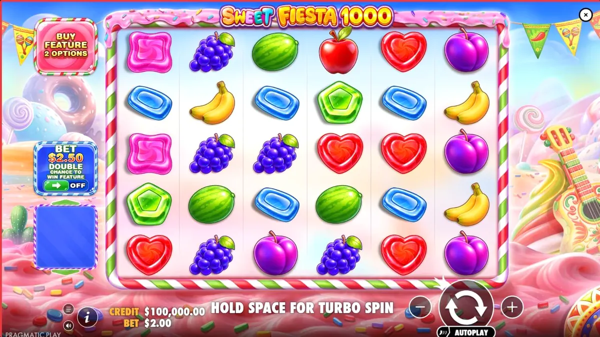 Tampilan visual penuh warna dari slot Sweet Fiesta 1000 dengan simbol permen dan latar belakang karnaval.