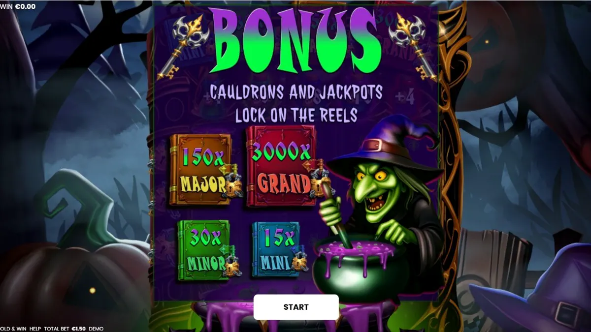 Tampilan visual slot Witches’ Fortune: Hold & Win dengan tema penyihir